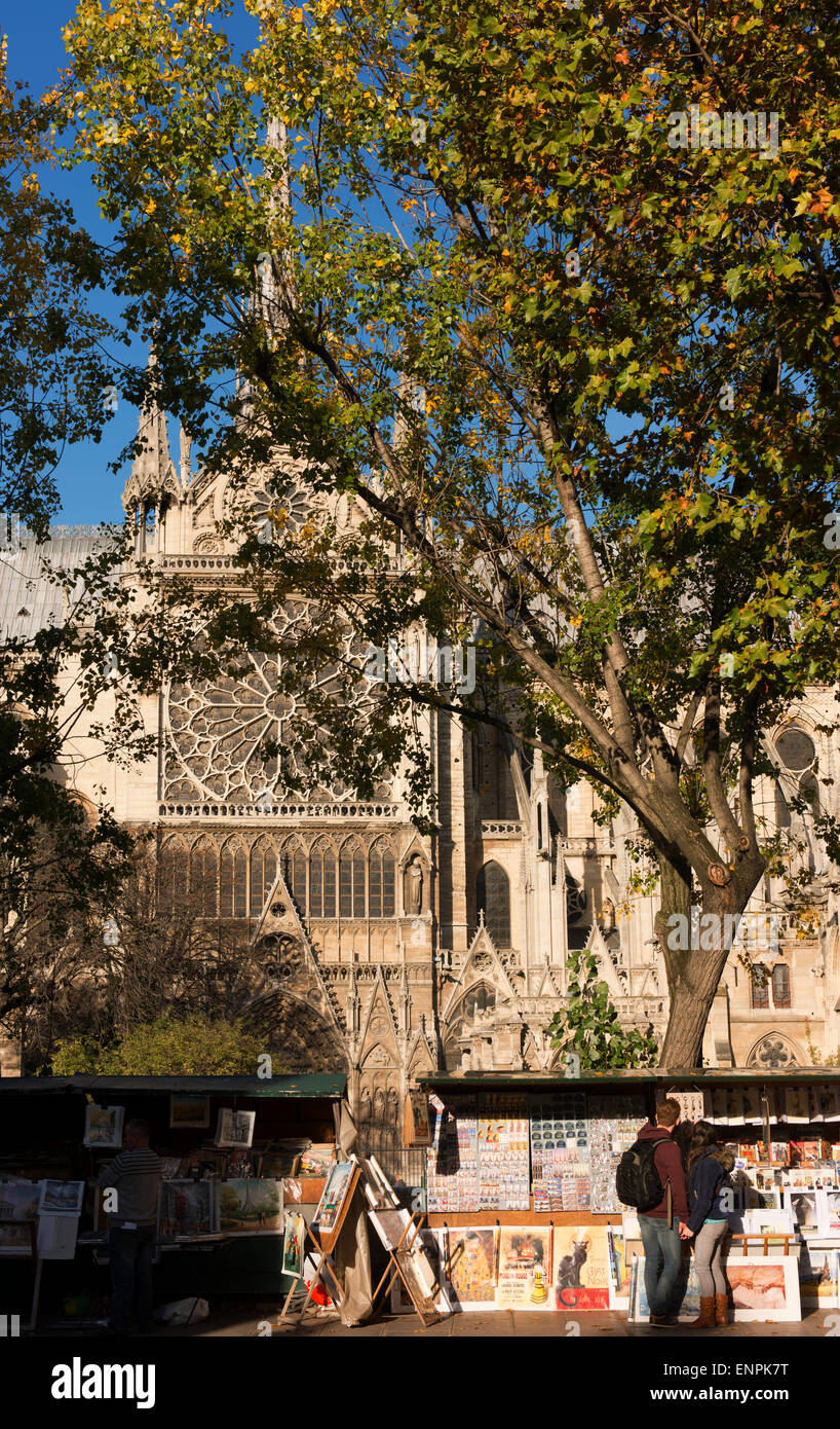 Kunstwerke zum Verkauf auf dem Seineufer Rive Gauche mit Notre Dame im Hintergrund. Stockfoto