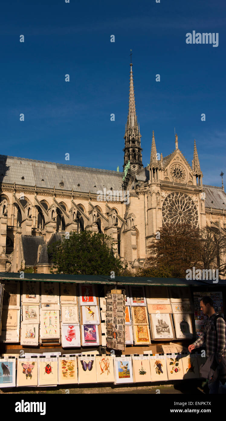 Kunstwerke zum Verkauf auf der Seine Rive Gauche mit Notre Dame im Hintergrund. Stockfoto