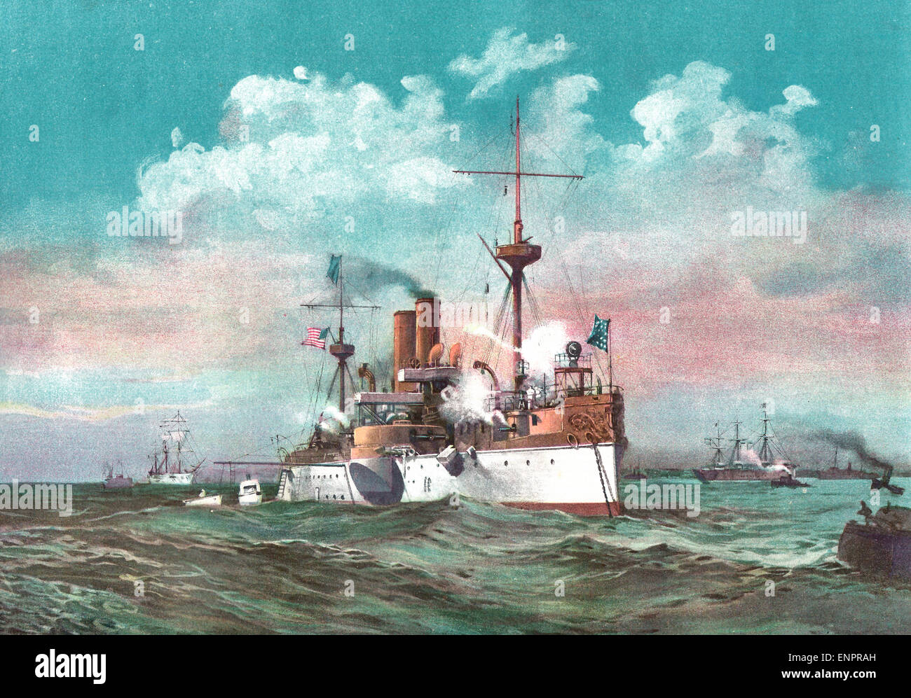 Die USS Maine grüßte das spanische Flaggschiff Alfonso bei der Ankunft im Hafen von Havanna, Kuba - deutsche Schule Schiff Charlotte auf der linken Seite. 1898 Stockfoto
