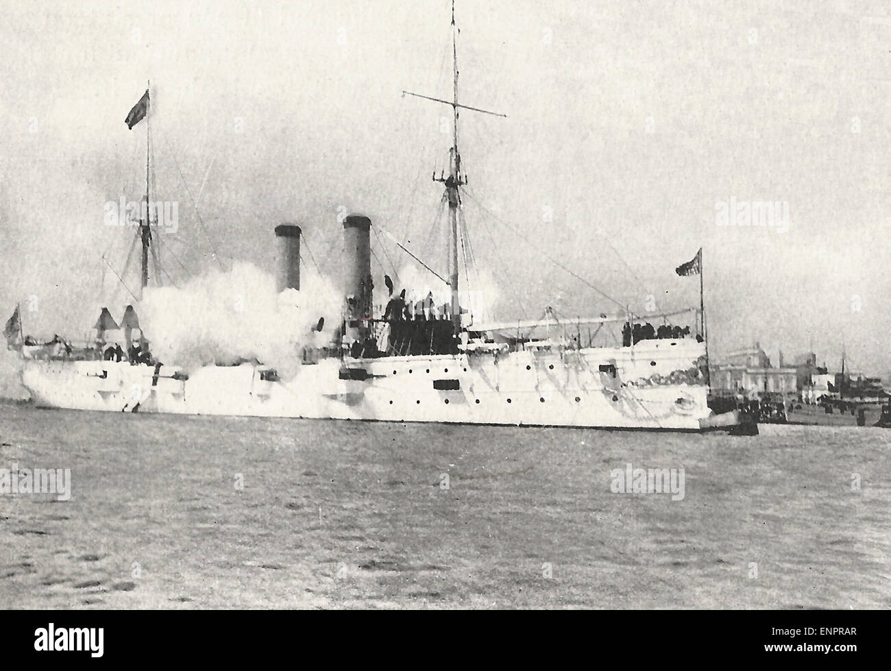 Die USS Montgomery begrüßte auf ihrer Ankunft in Havanna, Kuba, ca. 1898 Stockfoto
