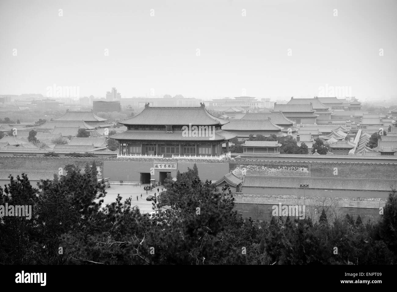 Luftaufnahme des Imperial Palace in schwarz und weiß in Peking, China. Stockfoto