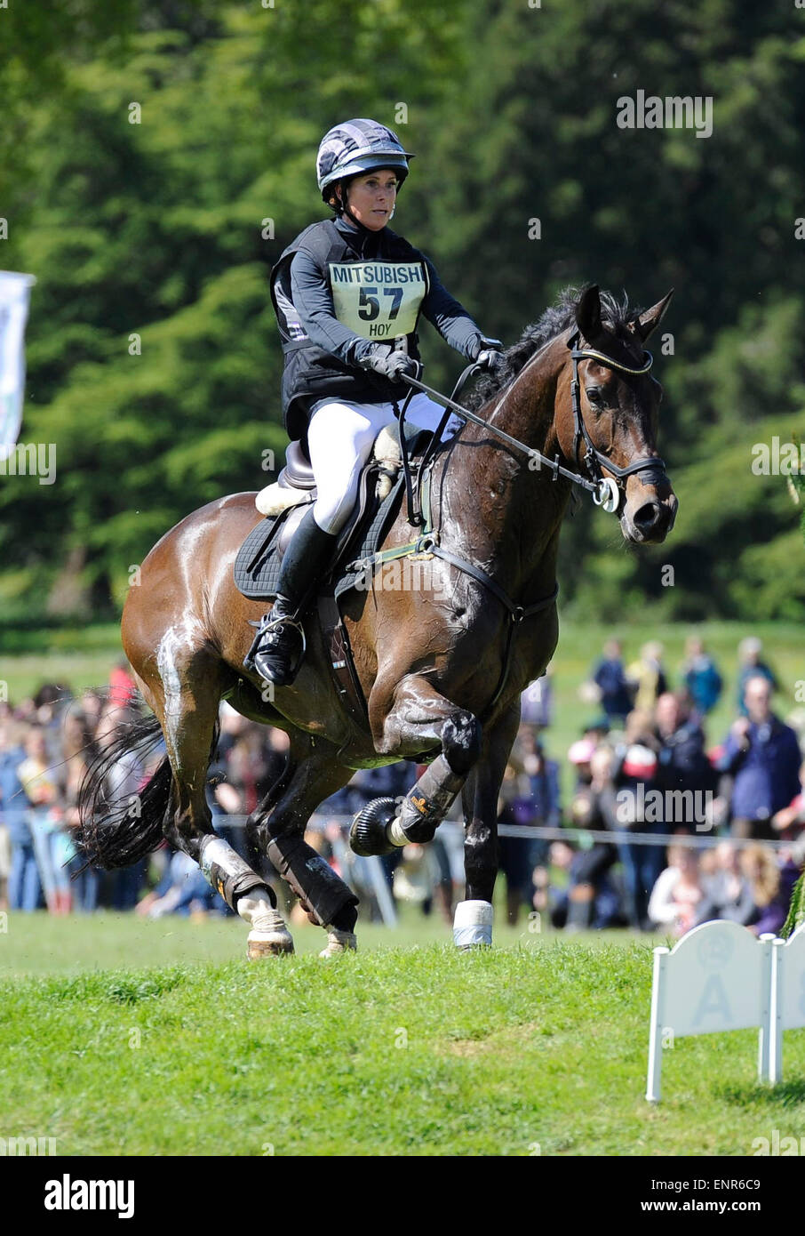 Badminton, Gloucestershire. 9. Mai 2015.  Mitsubishi Motors Badminton Horse Trials 2015. Badminton, England. Rolex Grand Slam-Turnier und ein Teil der FEI-Serie 4 Sterne. Führer von Tag 3 der 4 Bettina Hoy (GER) Reiten Designer 10 im Cross Country Phase Credit: Julie Priestley/Alamy Live News Stockfoto