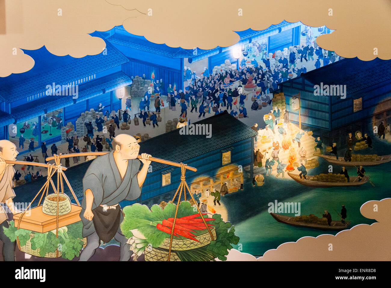 Osaka. Museum der Geschichte. 18. Jahrhundert, Edo-Ära 3D beleuchtete Wandpaneel Display der Tenma Obstmarkt, mit Verkauf von Kishuu Orangen. Stockfoto