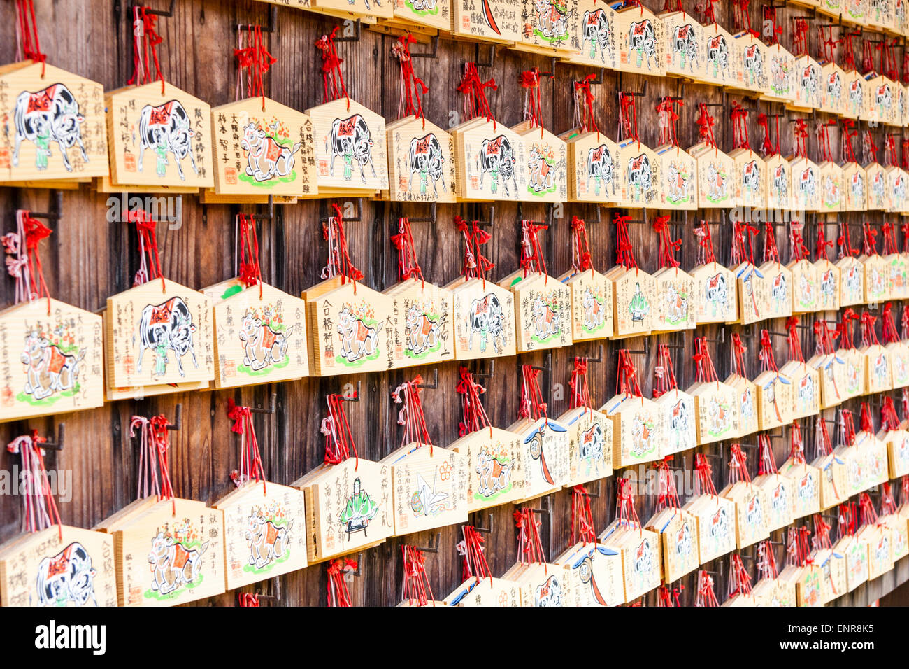 Blick entlang Reihen von hölzernen Gebetstafeln, ema, hängen an roten und rosafarbenen Stacheln von einem Brett am Fushimi Inari Taisha Schrein in Kyoto. Stockfoto