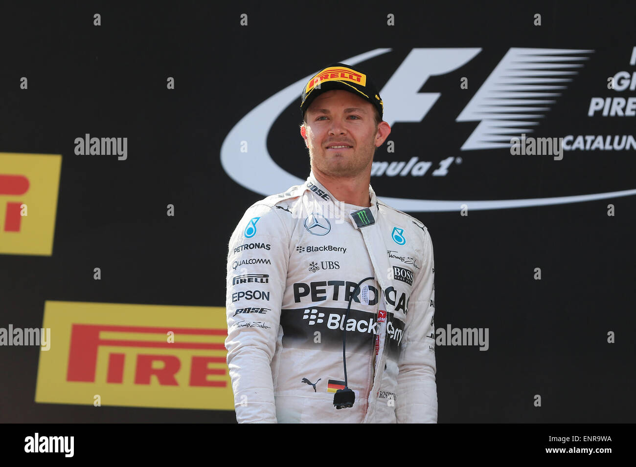 Circuit de Catalunya in Barcelona Spanien. 10. Mai 2015. Tag des Rennens.  Mercedes AMG Petronas Fahrer Nico Rosberg nimmt die oberste Stufe des Podiums spanischen GP nach dem Gewinn des Rennens Credit: Action Plus Sport Bilder/Alamy Live News Stockfoto