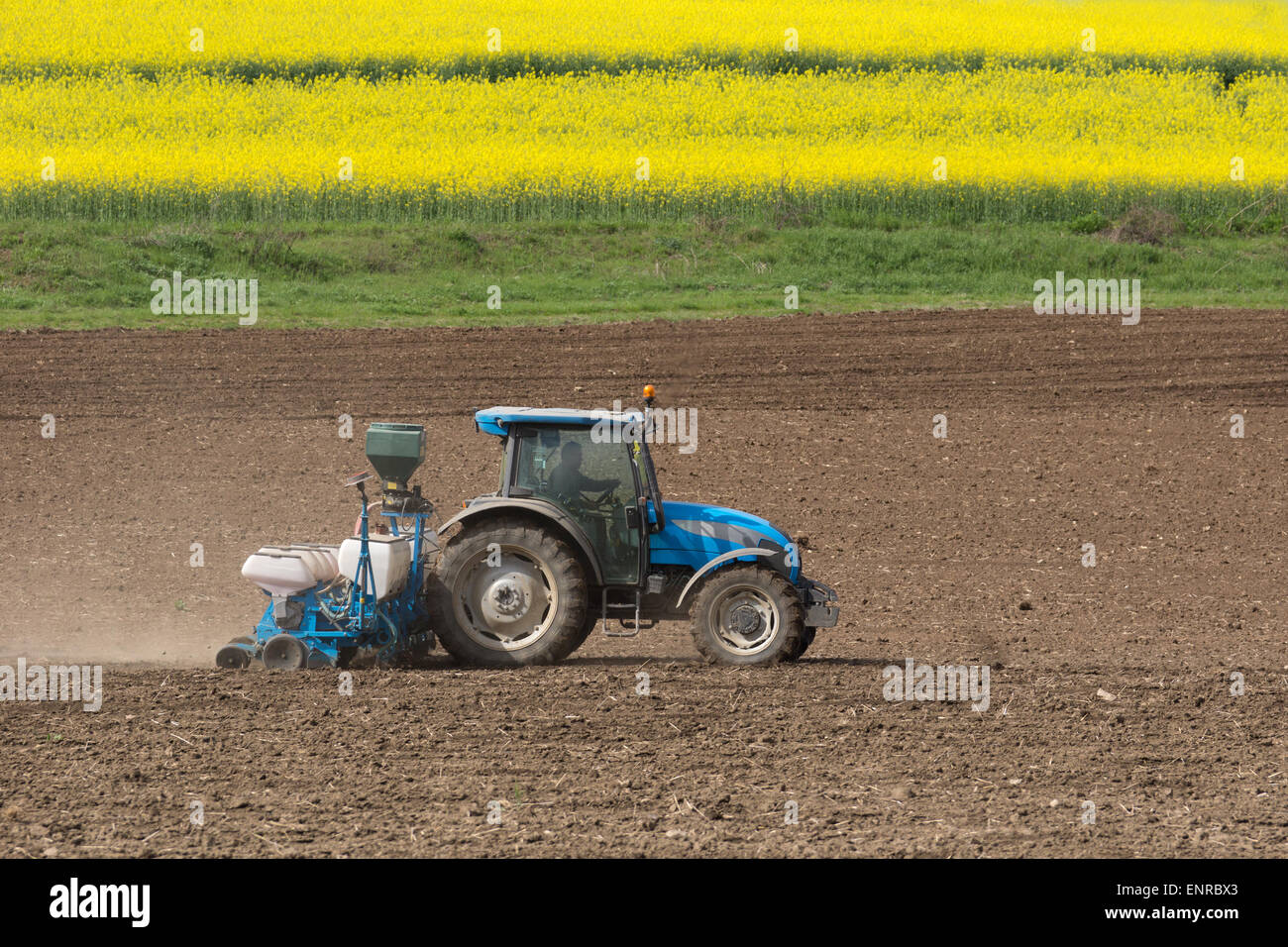 Ein Feld mit einem Traktor Landwirtschaft Stockfoto