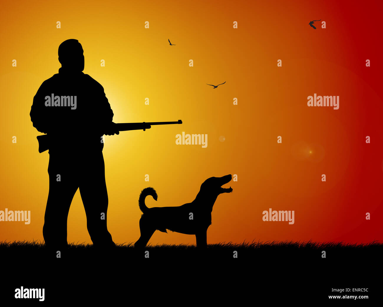 Illustration der Jäger und Hund Silhouetten auf Sonnenuntergang Hintergrund Stockfoto