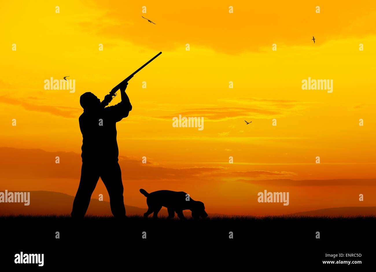 Illustration der Jäger und Hund Silhouetten auf Sonnenuntergang Hintergrund Stockfoto