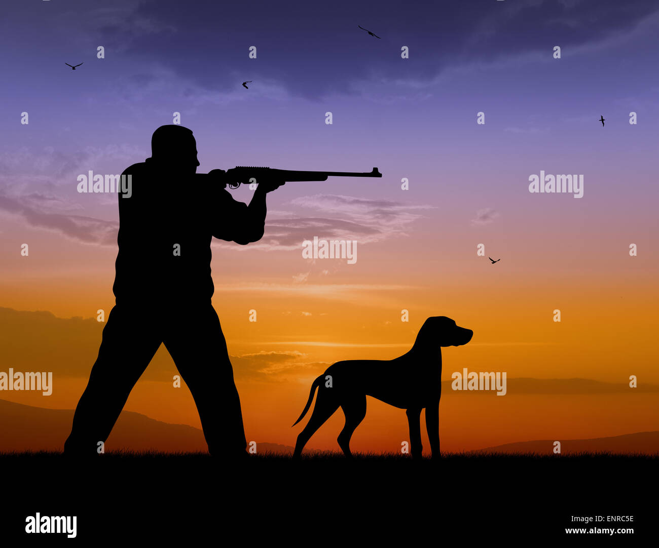 Illustration der Jäger und Hund Silhouetten auf Sonnenuntergang Hintergrund Stockfoto