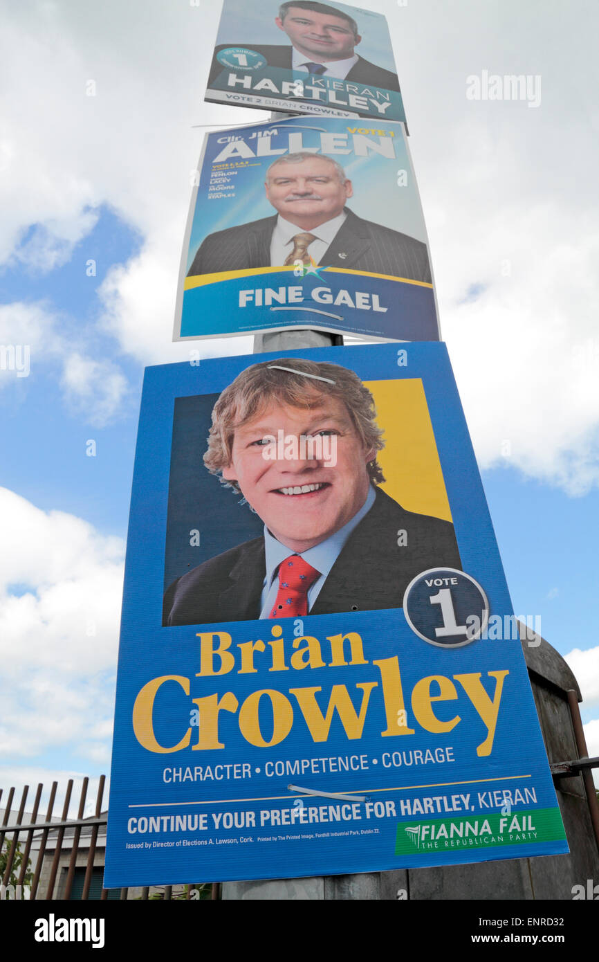 Wahlplakat auf einem Leuchtenposten in Wexford Town, County Wexford, Eire, ein häufiger Anblick in irischen Städten während der Wahlen. (Mai 2014) Stockfoto