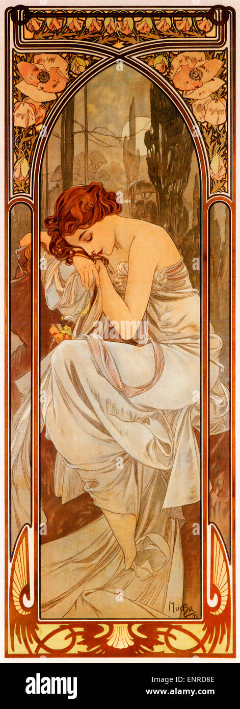 Mucha, Nachtruhe, 1899 Jugendstil Poster von tschechischen Künstler Alphonse Mucha für die Serie als Symbol für die Stimmungen der vier Perioden des Tages Stockfoto
