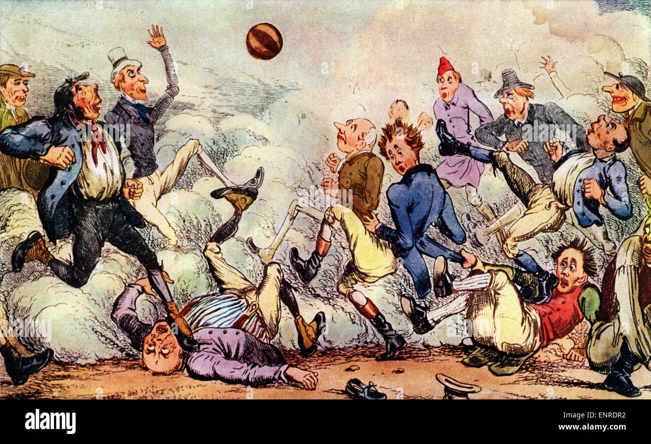 Dorf-Fußball, farbige 1810 georgischen Gravur der frühen Anarchie, das war Fußball in dem Land, bevor es kodifiziert wurde Stockfoto