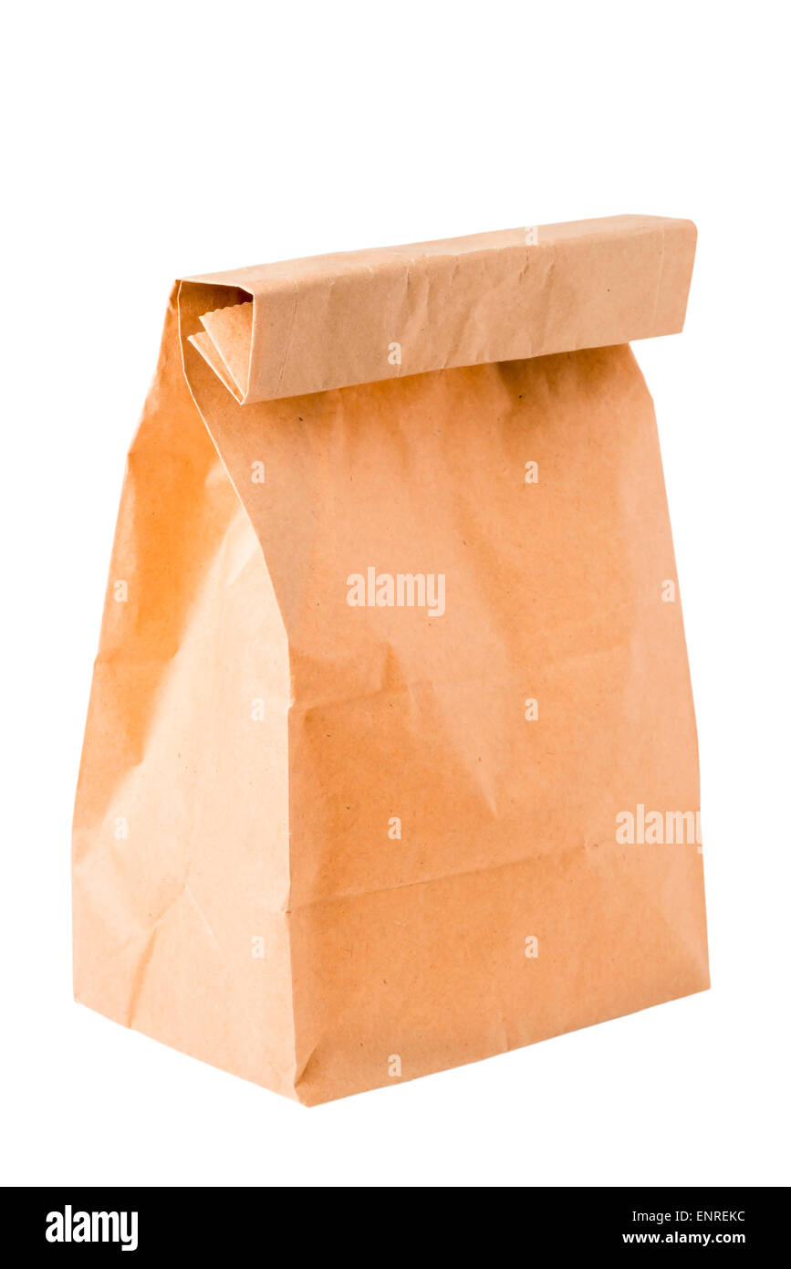 braune Papiertüte für die Verpackung von Mittagessen auf einem weißen Hintergrund Stockfoto