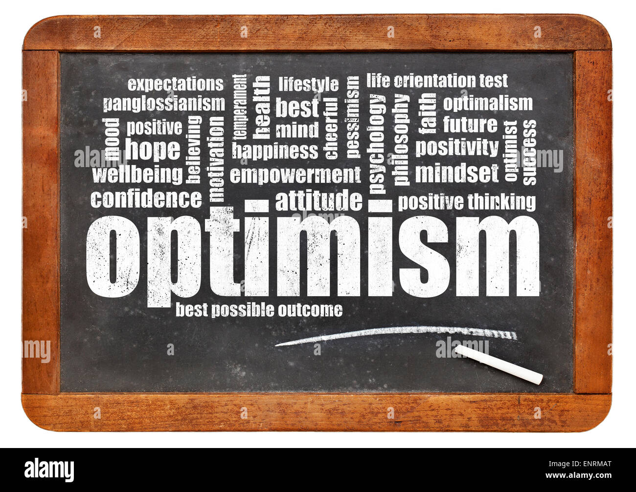 Optimismus-Wortwolke auf einer Vintage, Schiefer Tafel isoliert auf weiss Stockfoto