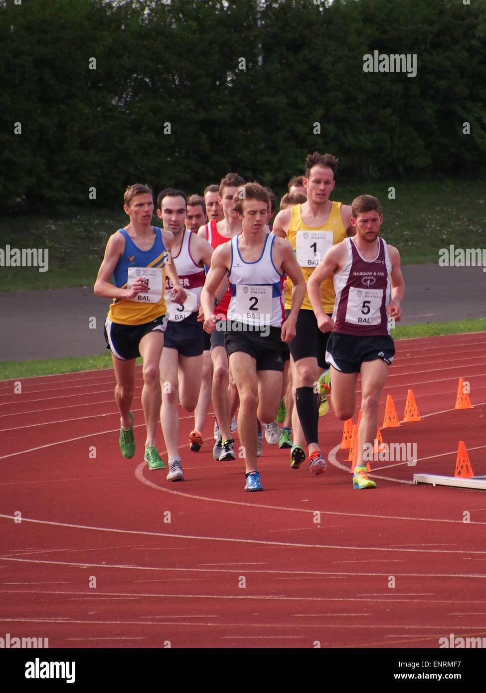 Athleten, die Teilnahme an einem 800m-Rennen bei Portsmouth während ein britischer Leichtathletik Liga Veranstaltung im Mai 2015 Stockfoto