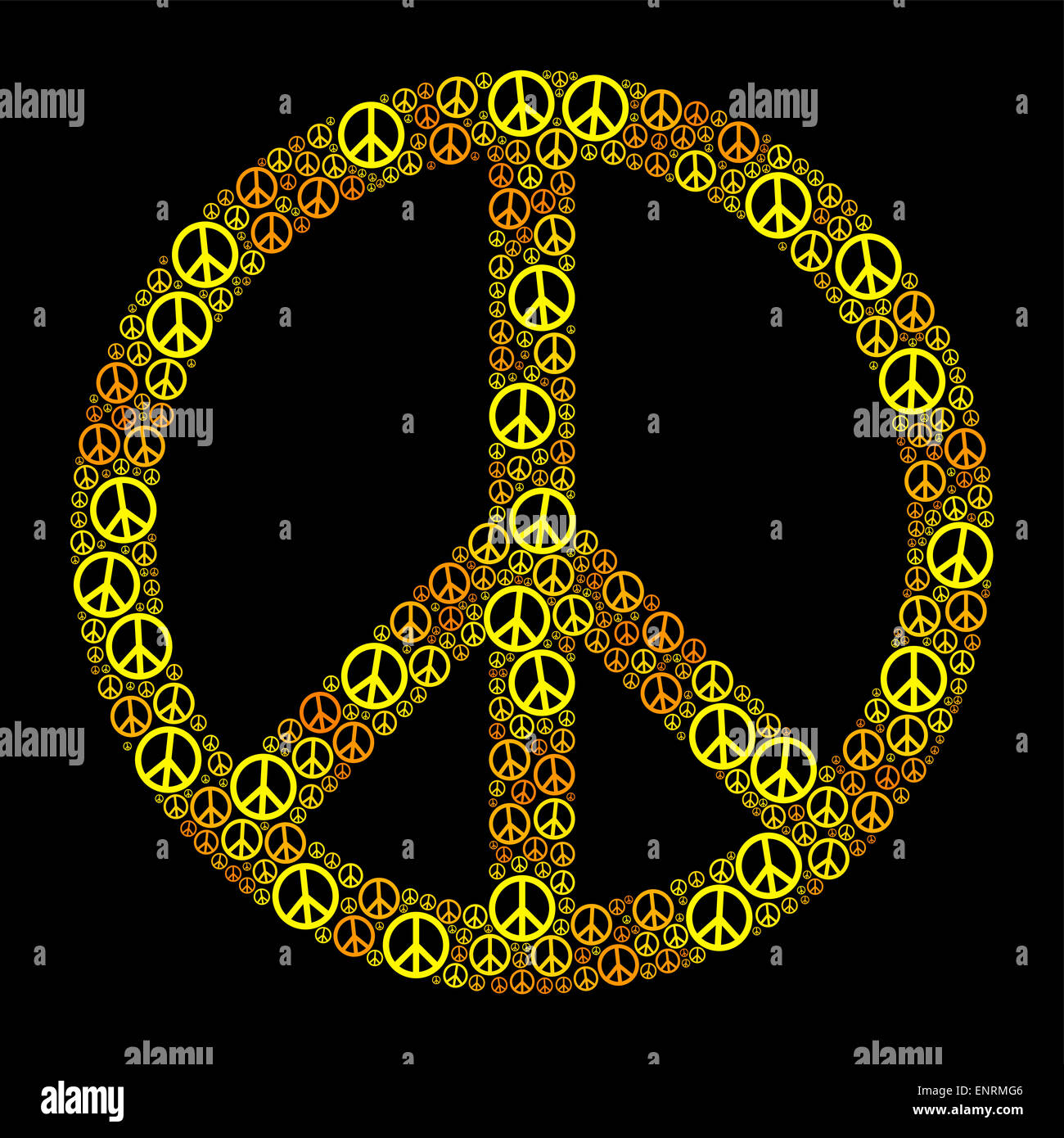 Farbige Peace-Zeichen durch viele kleine Frieden Symbole gebildet. Gelb orange Darstellung auf schwarzem Hintergrund. Stockfoto
