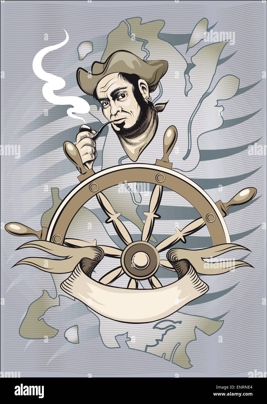 Der alte Seemann in einem Dreispitz und Hals Tuch steht hinter einem Handrad und raucht Stock Vektor