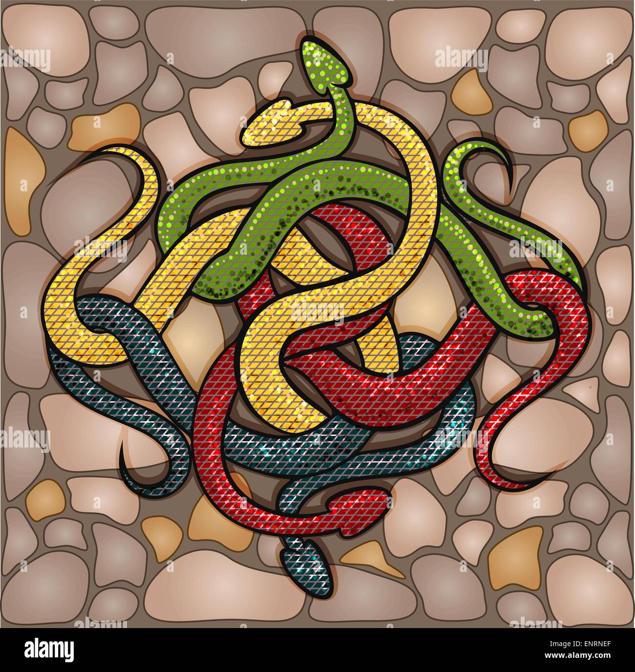 Die vier Schlangen in den Knoten, die Verlegung von Naturstein Hintergrund gezeichnet im Cartoon-Stil Stock Vektor