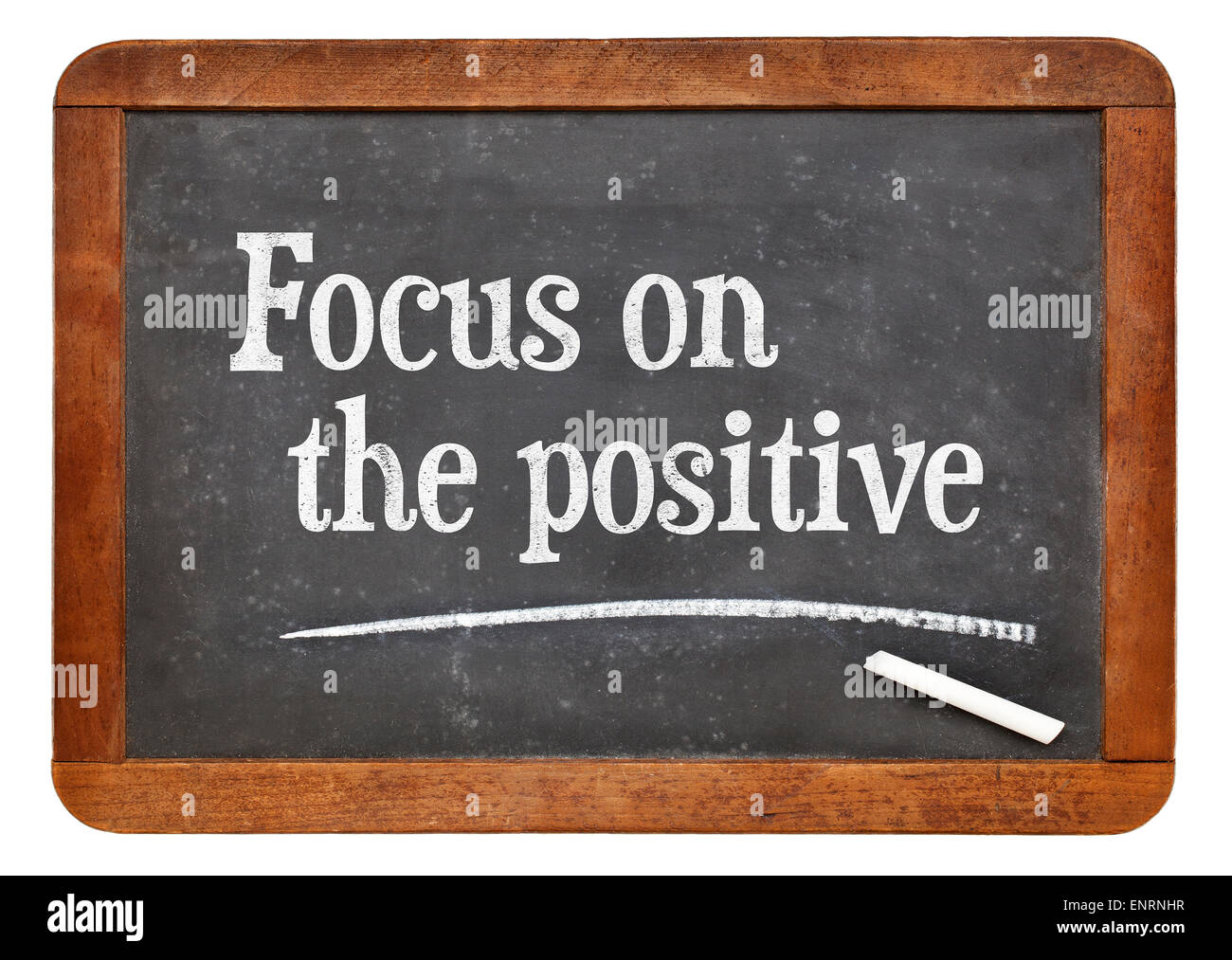 Fokus auf das Positive - inspirierende Ratschläge n auf einer Vintage Schiefer-Tafel Stockfoto