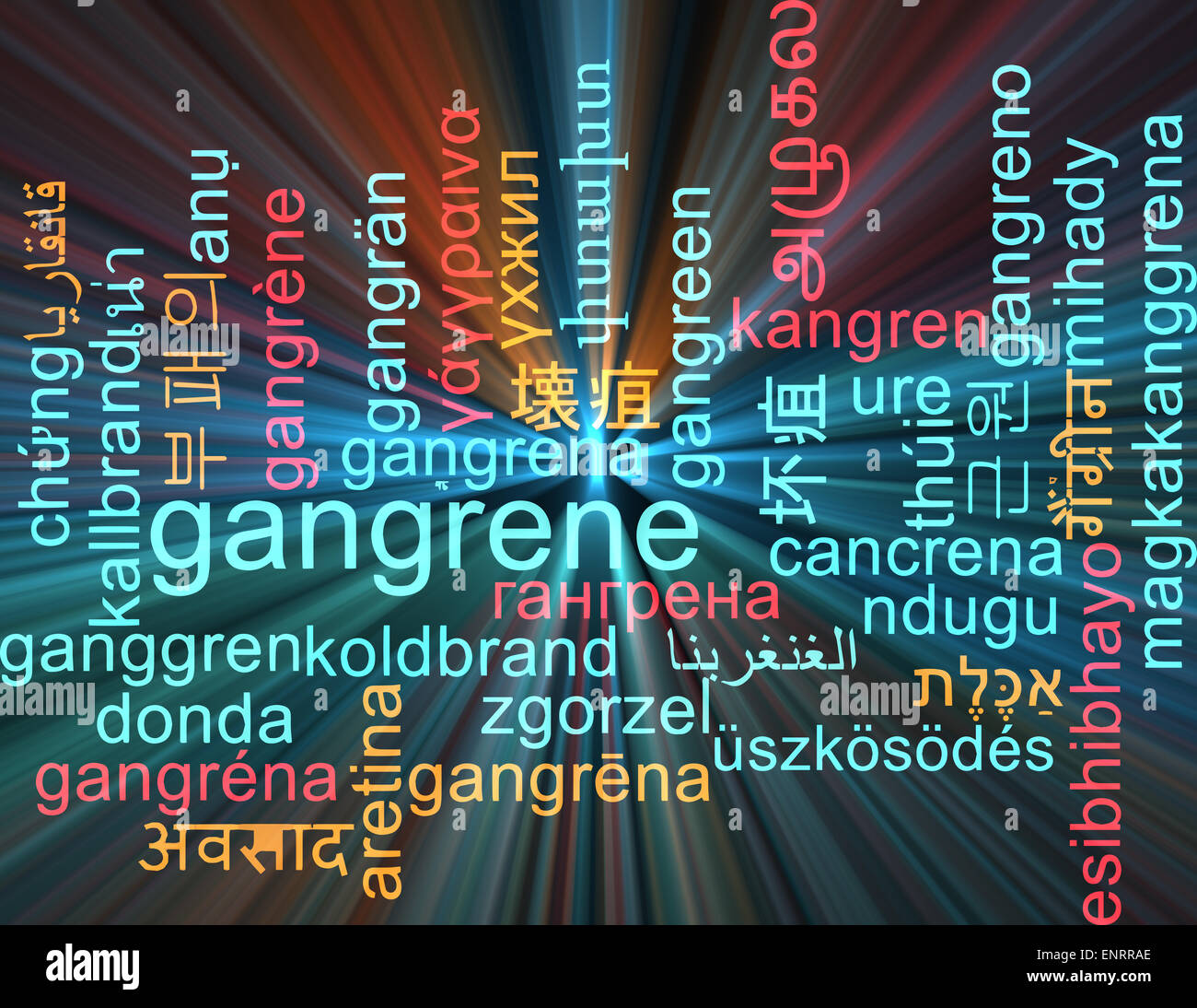 Hintergrund-Konzept Wordcloud mehrsprachige internationale Sprache Außenillustration Gangrän gleißenden Licht Stockfoto