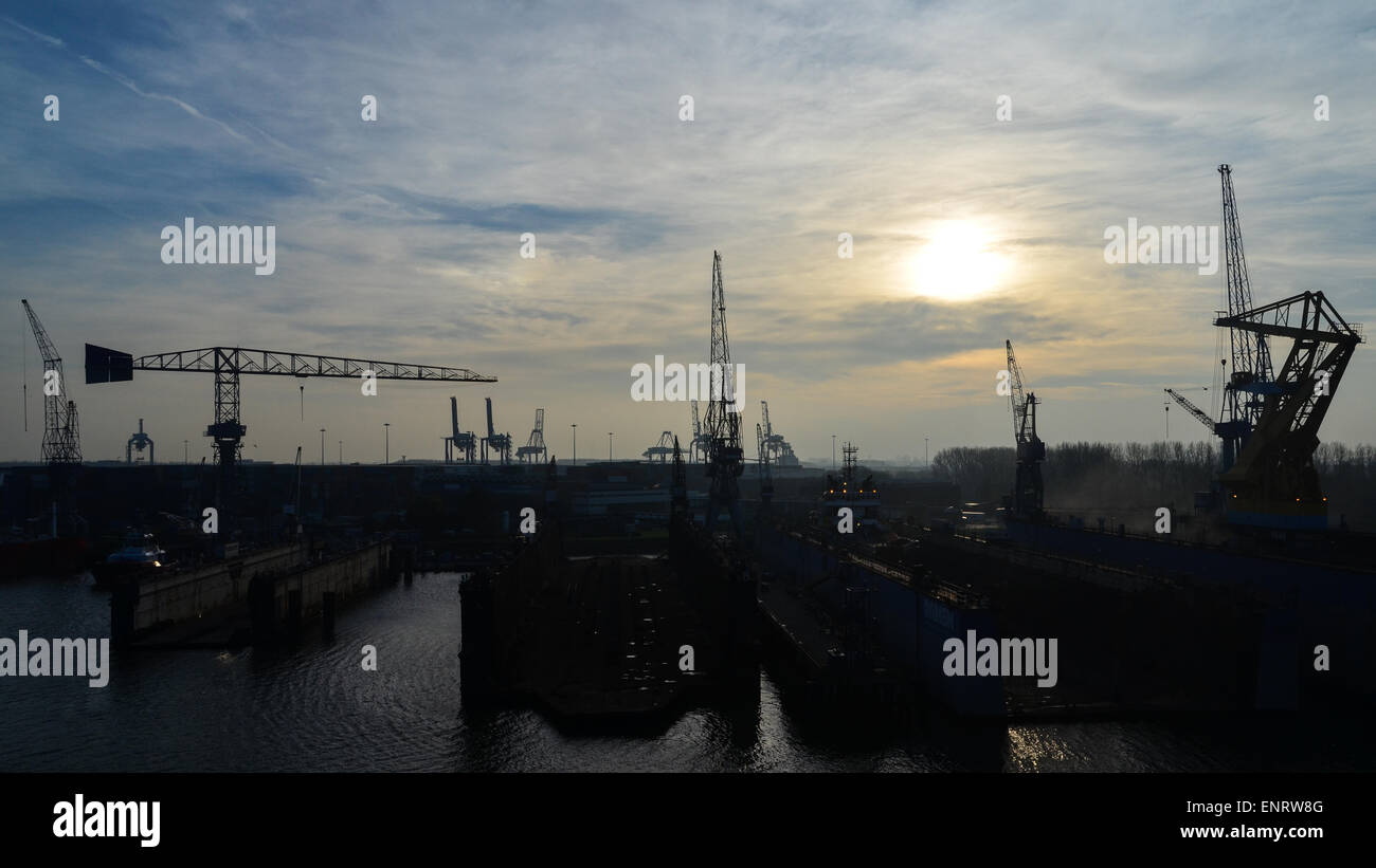 Silhouetten von Kränen und Werft im Gegenlicht, Hafen von Rotterdam, Niederlande Stockfoto