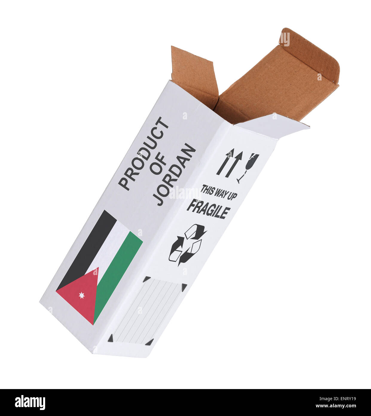 Konzept der export, öffnete Papier Box - Produkt von Jordanien Stockfoto