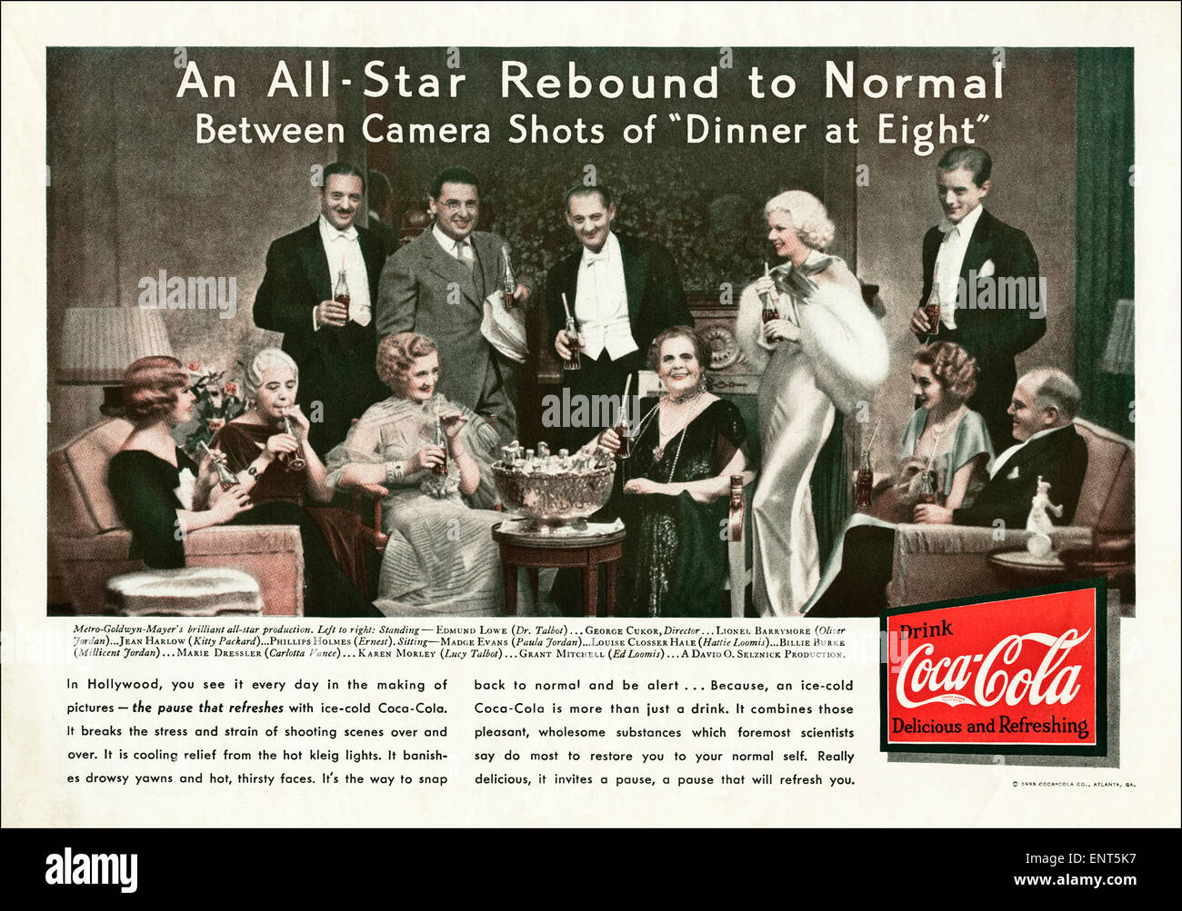 Vintage Anzeige in 1930er Jahren amerikanische Zeitschrift datiert November 1933 für COCA COLA mit Film-Stars der Periode Stockfoto