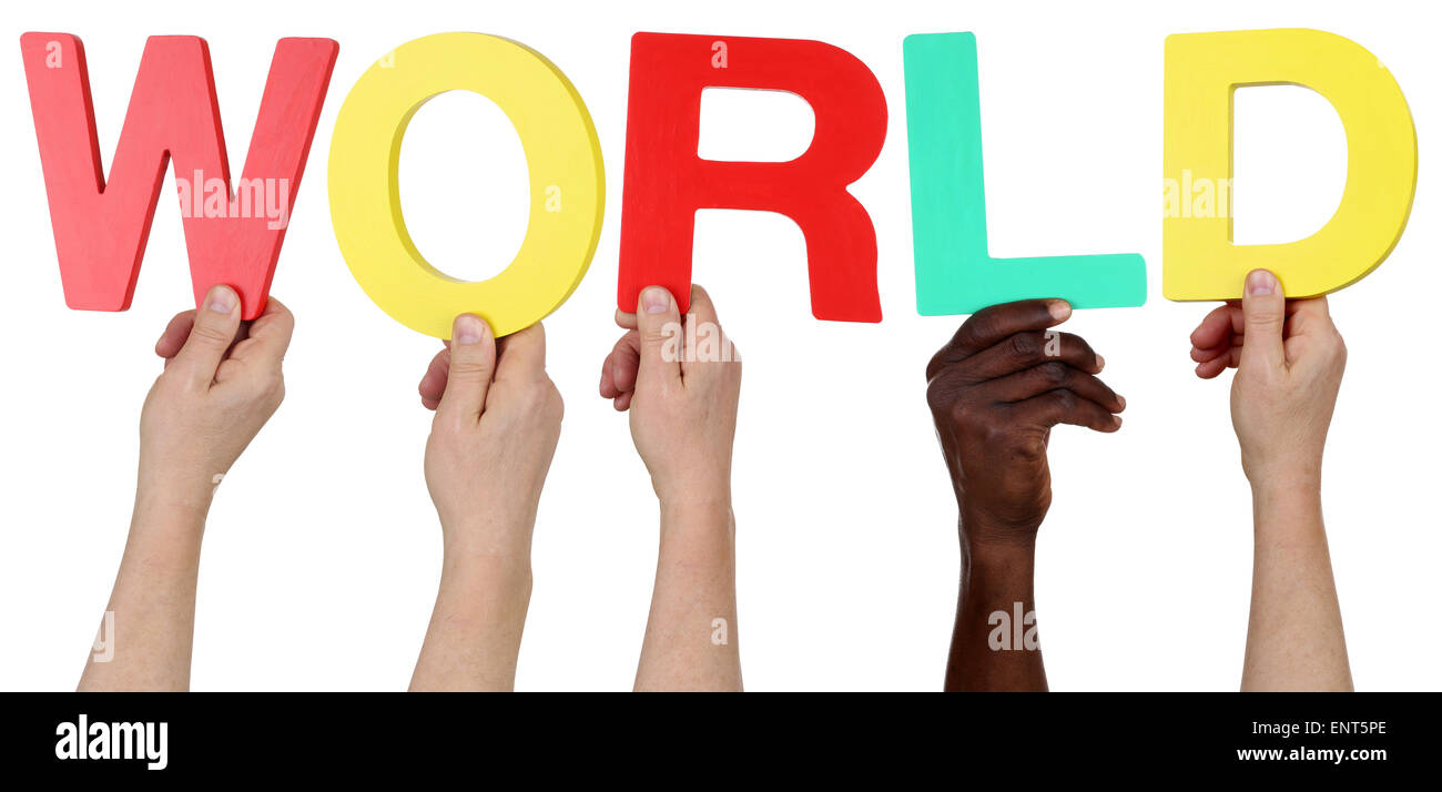 Multi-ethnische Gruppe von Menschen halten die Wort Welt isoliert Stockfoto