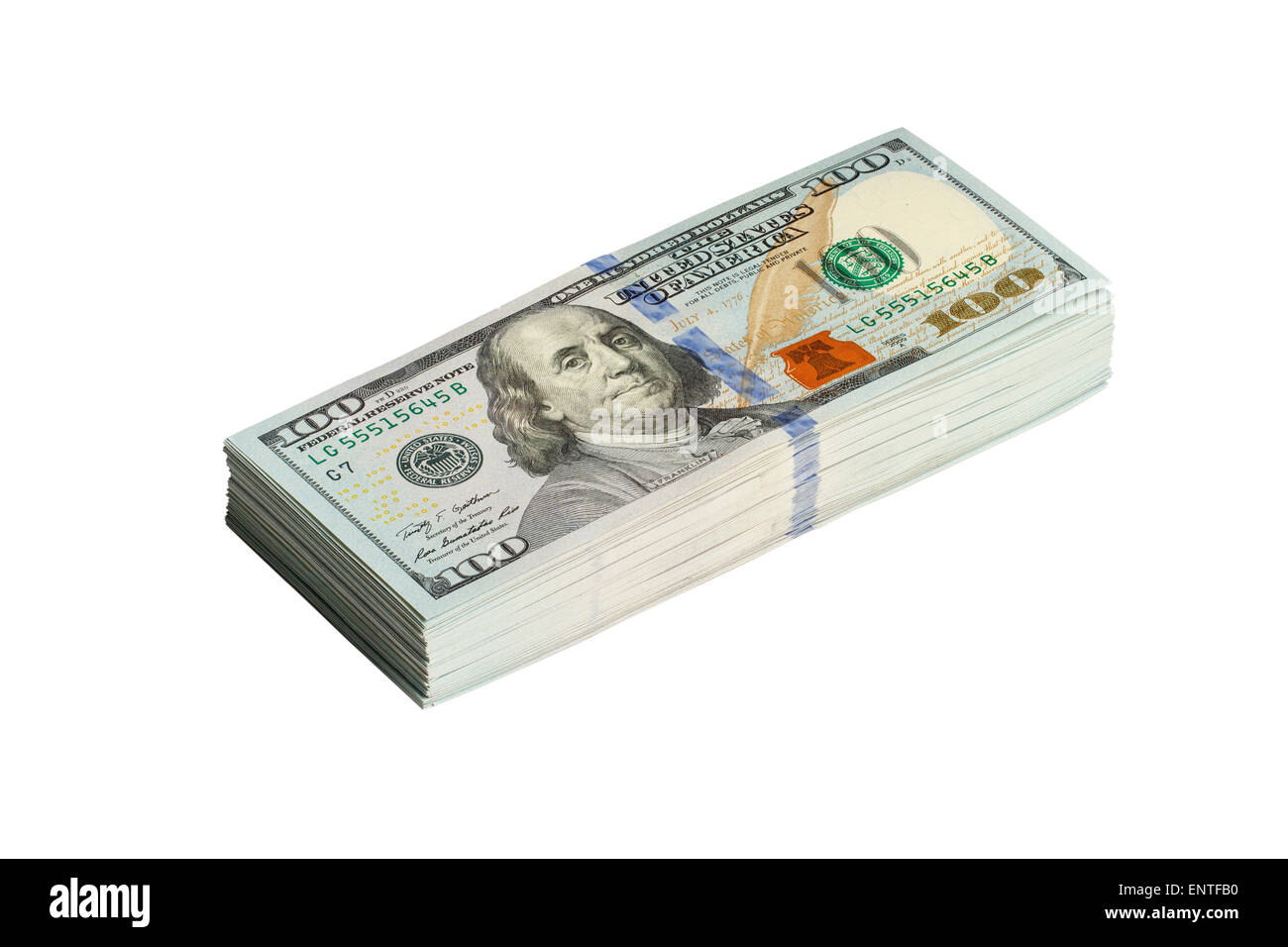 Stapel von 100 US-Dollar-Banknoten isoliert auf weißem Hintergrund mit Beschneidungspfad Stockfoto