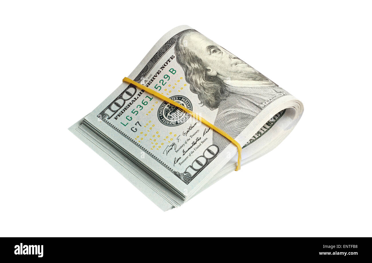 Haufen von hundert-Dollar-Banknoten isoliert auf weißem Hintergrund mit Beschneidungspfad Stockfoto