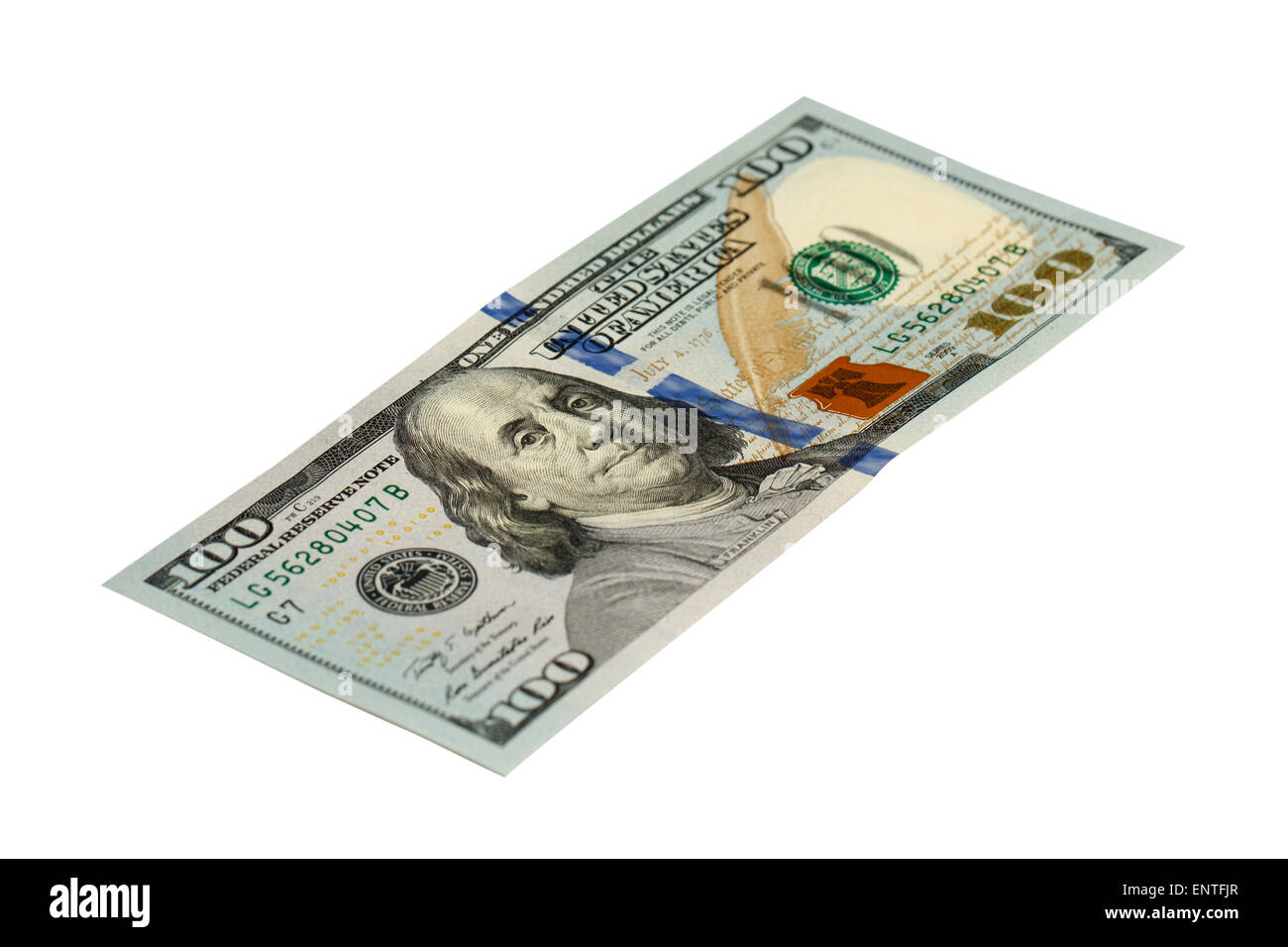 Hundert-Dollar-Banknote isoliert auf weißem Hintergrund mit Beschneidungspfad Stockfoto