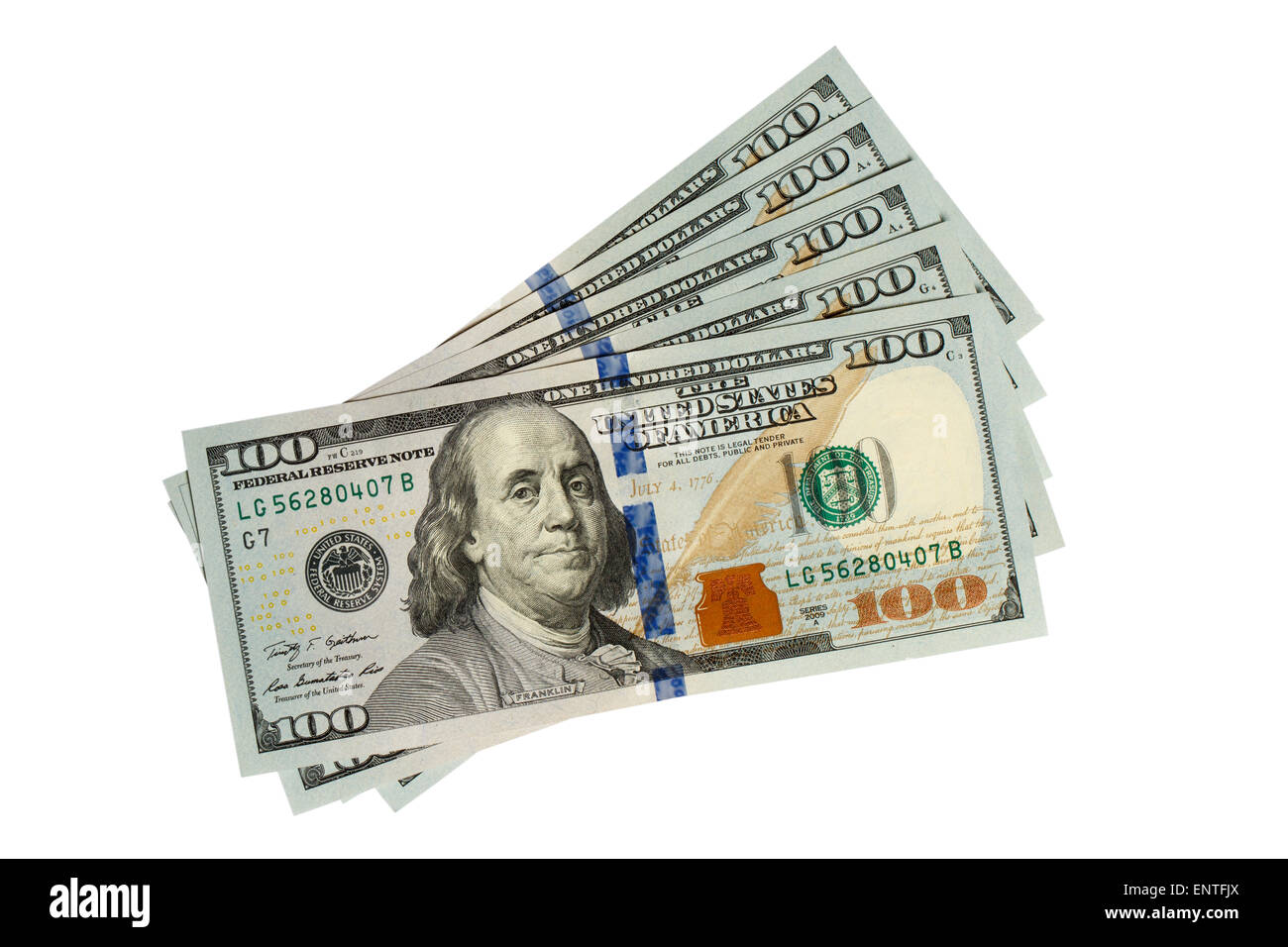 500 Dollar-Banknoten isoliert auf weißem Hintergrund mit Beschneidungspfad Stockfoto