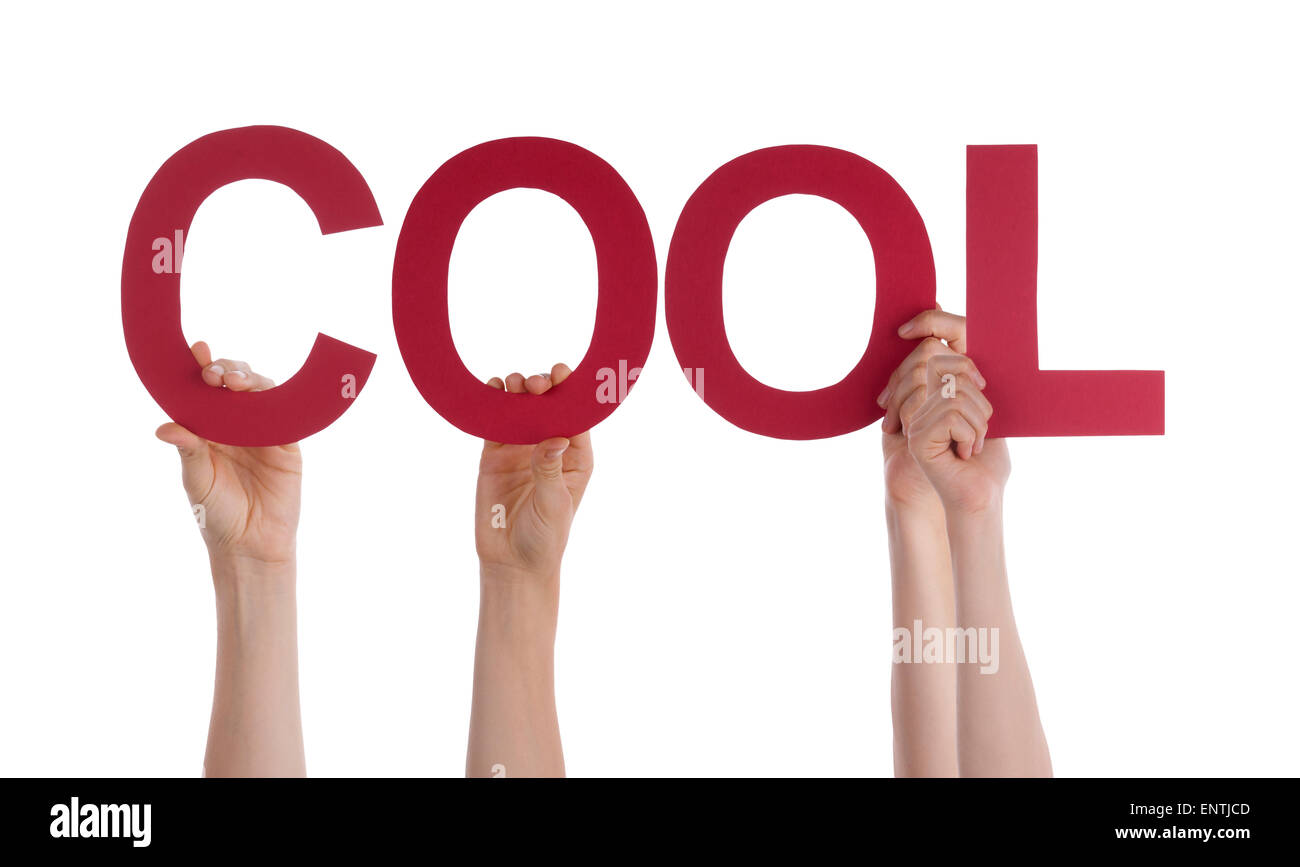 Viele Menschen Hände halten rot gerade Wort Cool Stockfoto