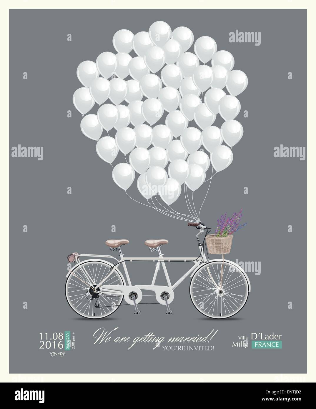 Postkarte Einladung zur Hochzeit. Tandem Fahrrad und Luftballons Stock