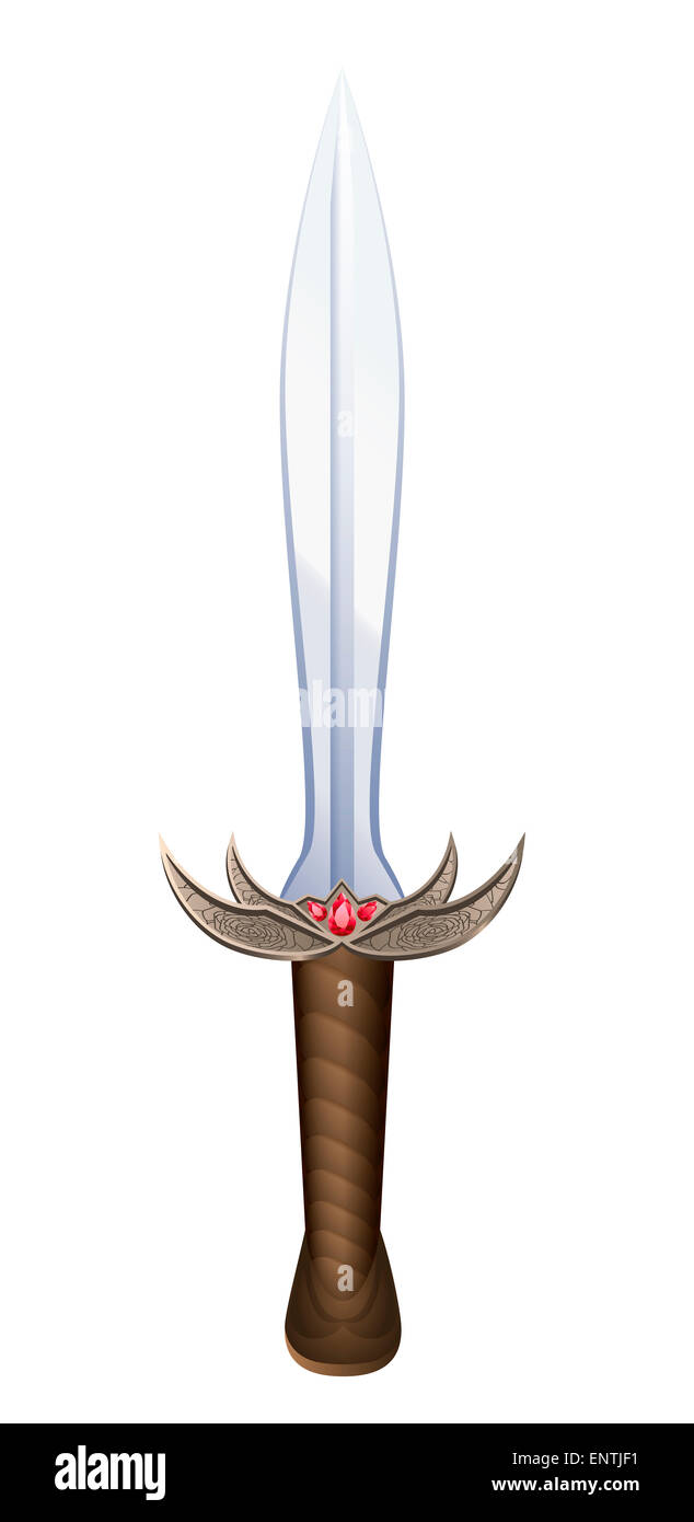 Schwert mit zweischneidige Klinge, rote Edelsteine und Leder Griff. Stockfoto