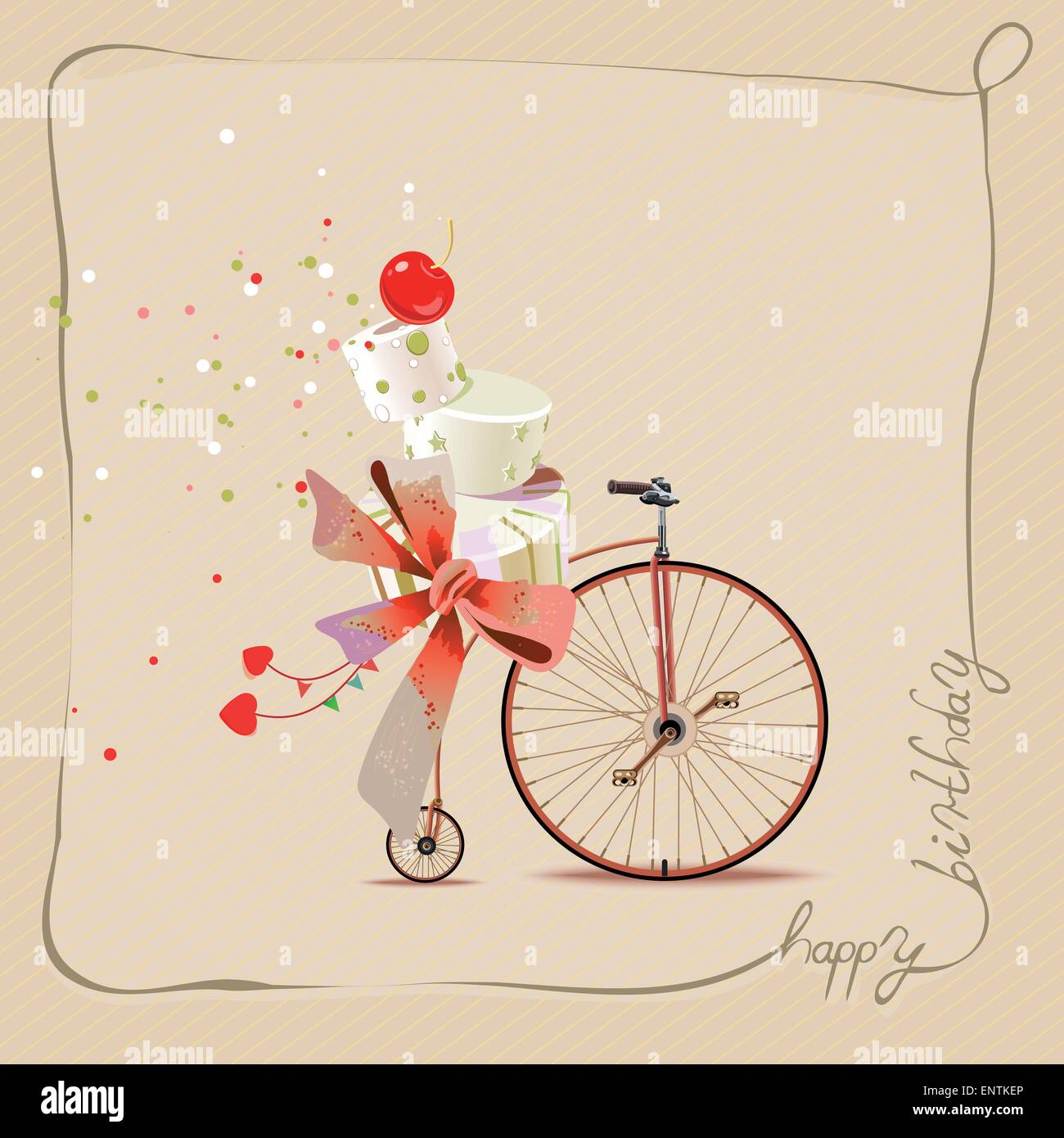 Romantische Grußkarte alles Gute zum Geburtstag. Fahrrad und Kuchen.  Vintage-Stil Stock-Vektorgrafik - Alamy