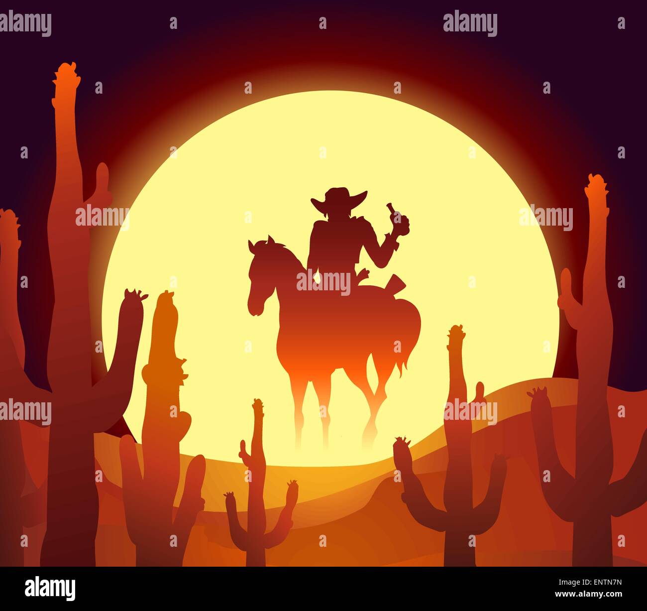 Vektor-Illustration der Fahrer in der mexikanischen Wüste bei Sonnenuntergang Stunde Stock Vektor