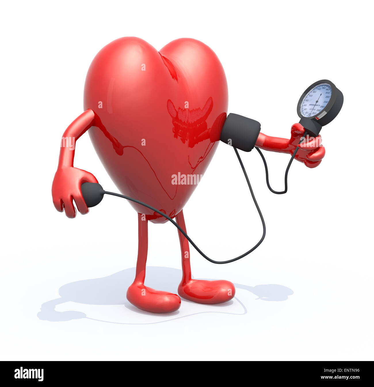 Herz mit Armen und Beinen, die Messung des Blutdrucks, isolierte 3D-Illustration Stockfoto