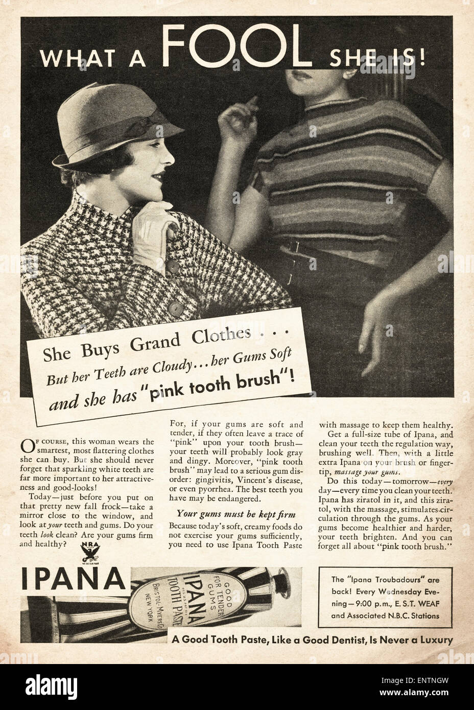 Vintage Anzeige in 1930er Jahren amerikanische Zeitschrift datiert November 1933 für IPANA Zahnpasta Stockfoto