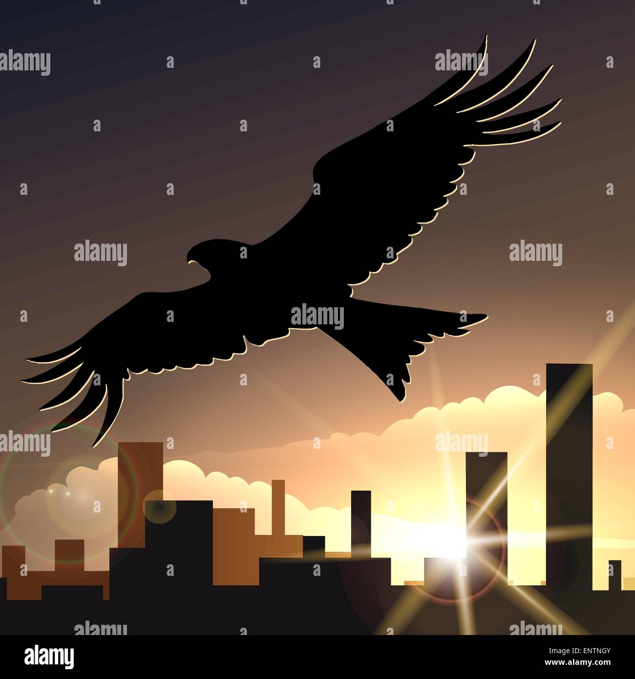 Illustration des fliegenden Adler gegen Sonnenuntergang Stadt Landschaft Stock Vektor