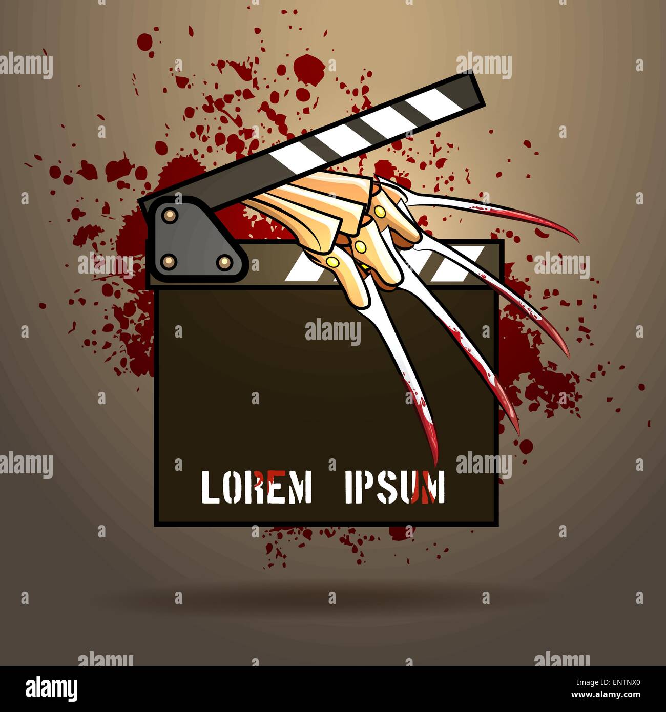 Klappe mit Rasiermesser Handschuh gegen Blut spritzt. Scary oder Horror Film Event Design-Vorlage. Nur kostenlose Schriftart verwendet. Stock Vektor