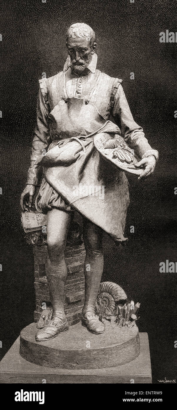 Bernard Palissy, c. 1510 – c. 1590.  Französische Hugenotten Potter, Hydraulikingenieur und Handwerker.  Nachdem die Bronze-Statue von Louis-Ernest Barrias (1851-1905) steht, die vor der Sèvres Keramik - Keramik Nationalmuseum, Sèvres, Paris, Frankreich. Stockfoto