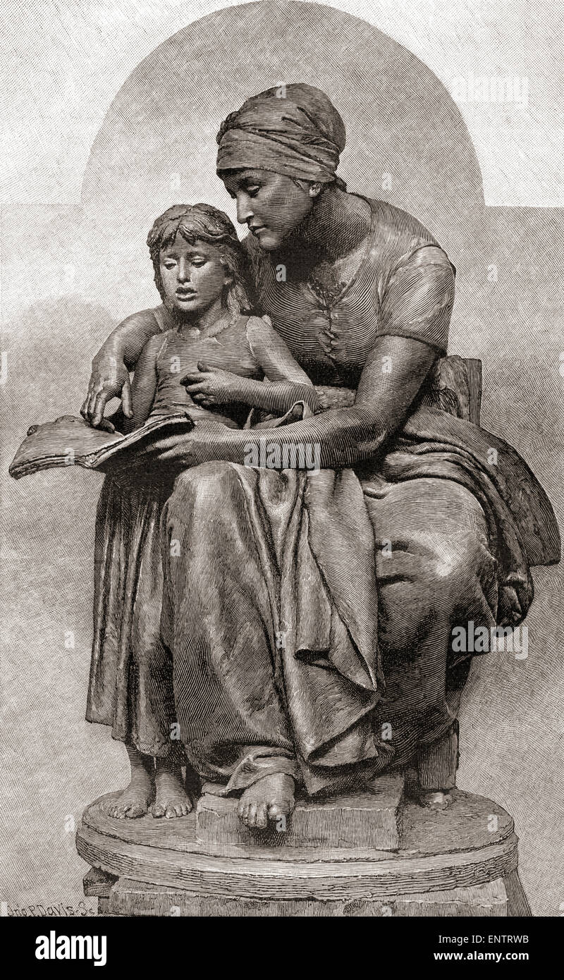 Statue Square Samuel-Rousseau, Paris, Frankreich mit dem Titel La Educación mütterlichen oder mütterliche Bildung von Eugene Delaplanche, 1836-1891. Stockfoto