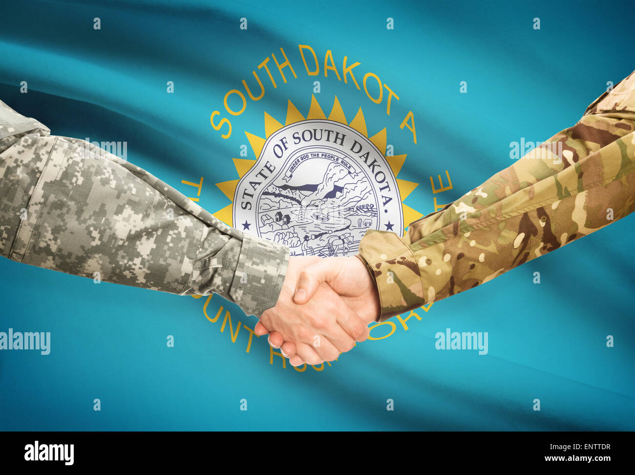Soldaten-Handshake und US Zustand-Markierungsfahne - South Dakota Stockfoto