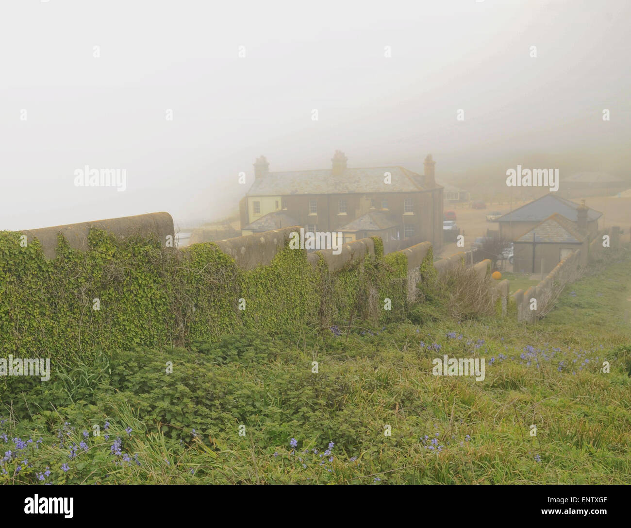 Eastbourne, East Sussex, Großbritannien. Mai 2015. Wetter in Großbritannien: Dichter Meeresnebel rollt entlang der Küste. Etwas mehr als eine Meile landeinwärts gibt es strahlende Sonnenschein.Birling Gap Cottages Stockfoto