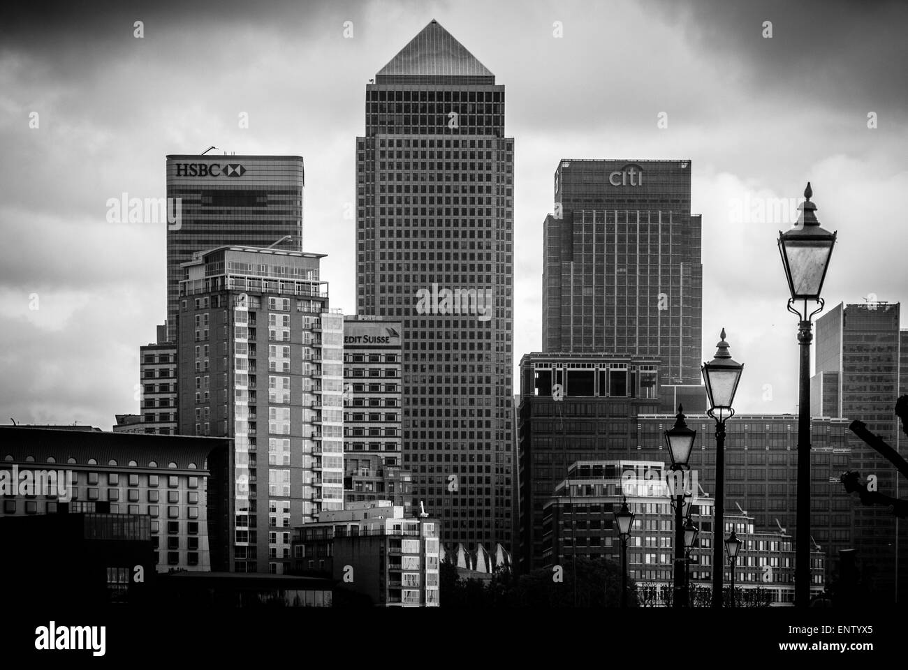 Ansicht von Canary Wharf, von der Südseite der Themse (Rotherhithe, Southwark, London). Stockfoto