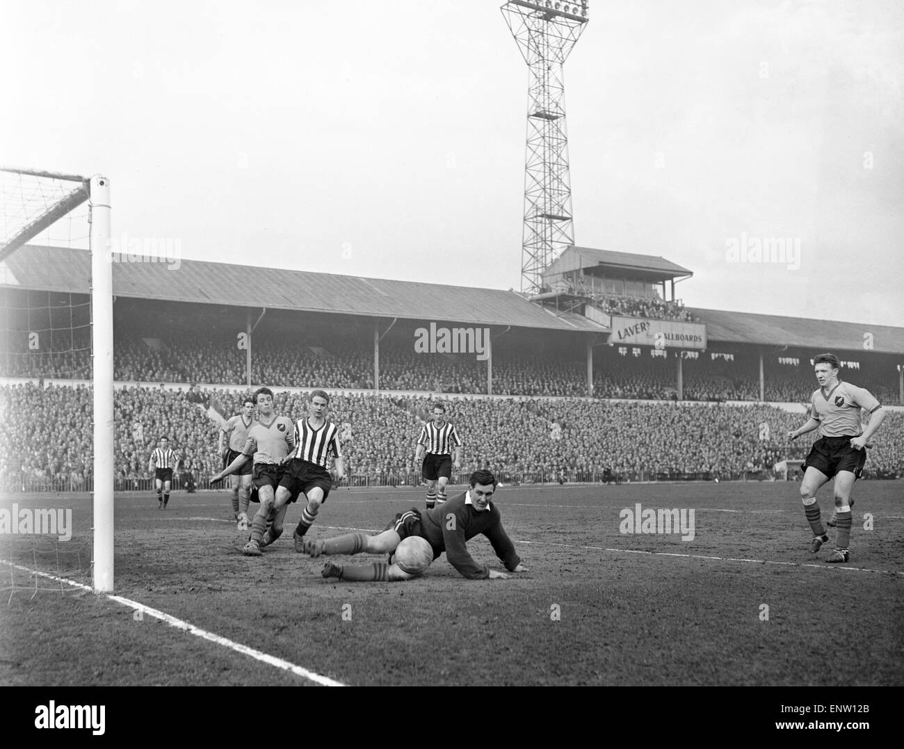 Sheffield United gegen Norwich City. Nethercott kickt den Ball Weg für Norwich. 28. Februar 1959. Stockfoto