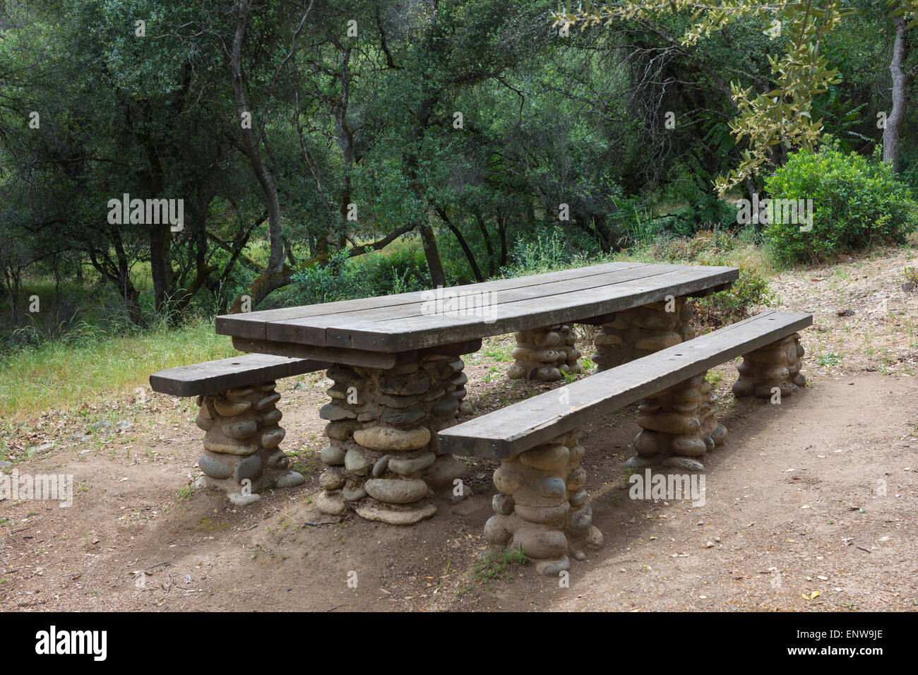 Hölzerne Picknicktische stehen im Dreck einer Wildnis State Park. Stockfoto