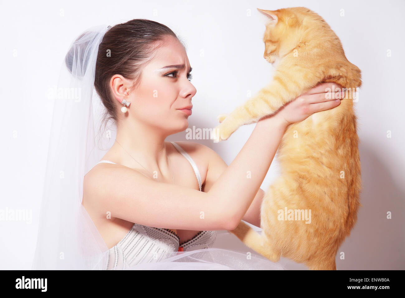 Schöne Braut hält eine große rote Katze Stockfoto