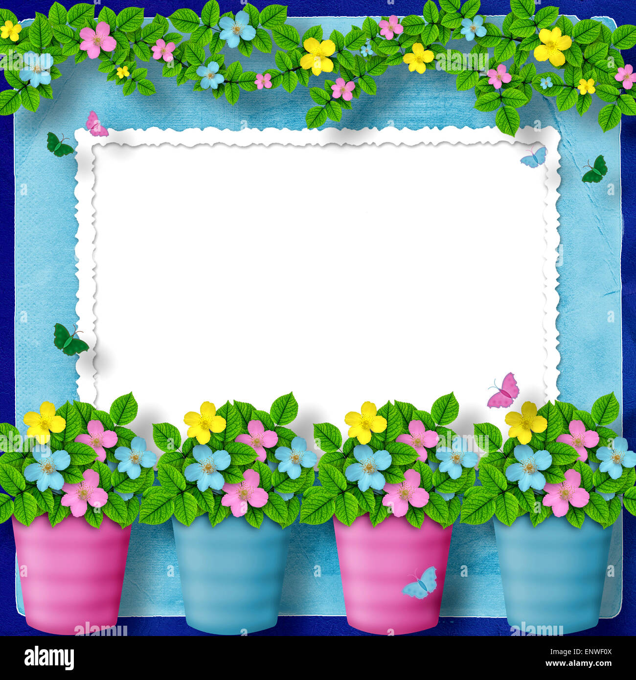 Rahmen für Gruß oder Glückwunsch mit Girlande Blume Stockfoto